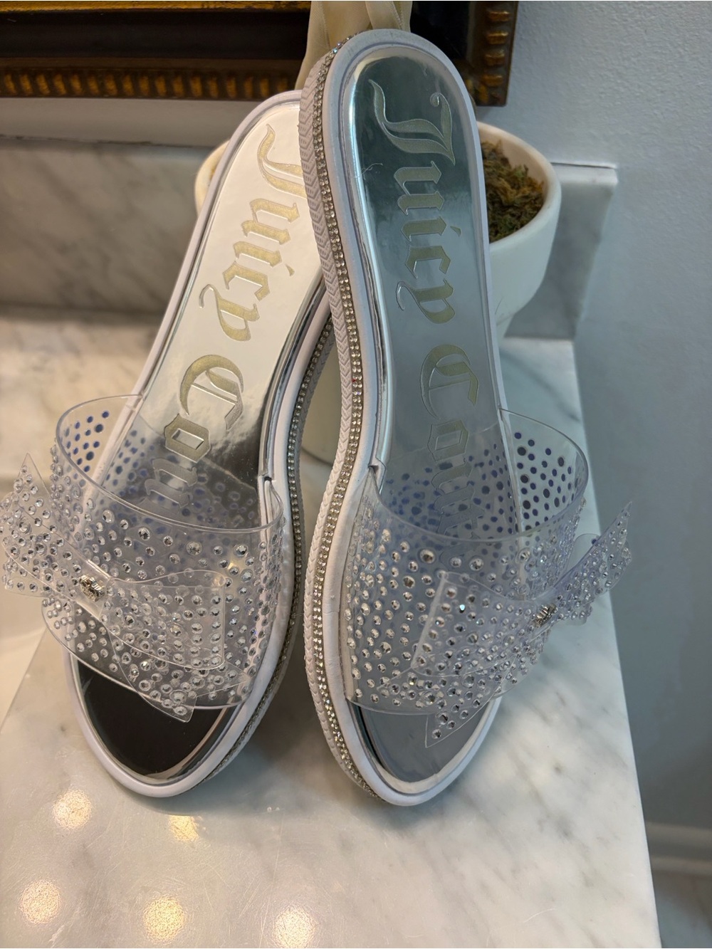 Juicy Couture Clear Crystal-Embellished Sandals w/ Silver Footbed - Size 10